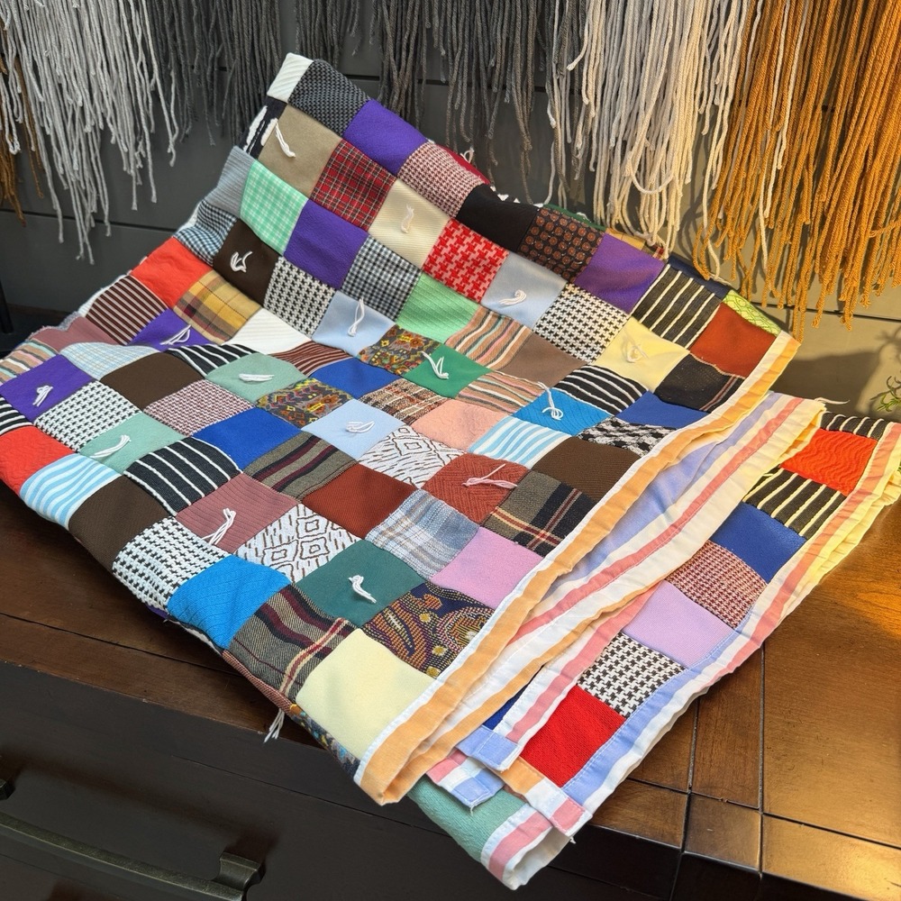 Vtg 70s Boho Patchwork Quilt Handmade 48"x80" Colorful Retro Poly Fabric Blanket